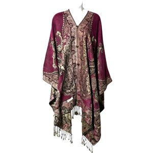 Pashmina Paisley Cashmere Poncho Shawl Magenta Gold Fringe Boho Wrap One Size